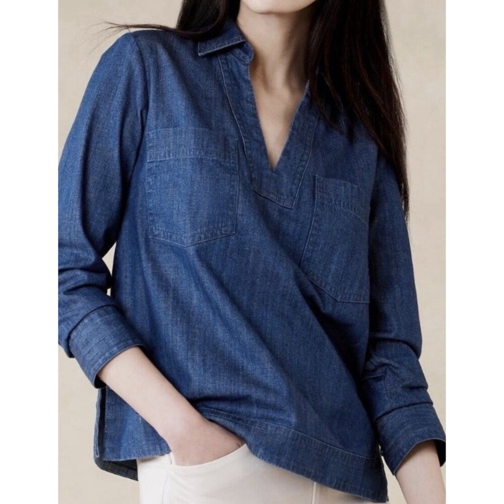 Banana Republic Denim Popover Shirt Womens Sz L Dark Wash Patch Pockets